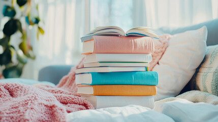 Cozy stack of colorful books with open volume, resting on soft pink knitted blanket in bright, sunlit room, evoking sense of tranquil relaxation and invitation to read and unwind at home.
