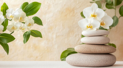 Serene composition featuring stack of smooth, balanced spa stones crowned with delicate white orchid blossoms against soft, textured beige background