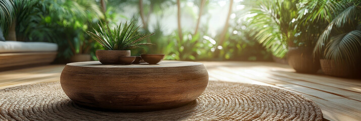 Serene Outdoor Oasis with Natural Wood Furniture, Lush Greenery, and Warm Sunlight Streaming onto Woven Rug