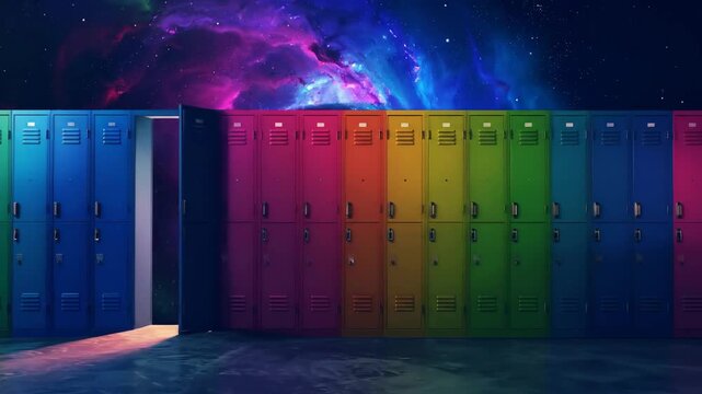 Row of colorful lockers with an open door revealing a vibrant nebula in space.
