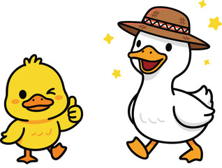 Fototapeta premium Cute cartoon white duck with straw hat and yellow duckling giving thumbs up for nursery and children designs.