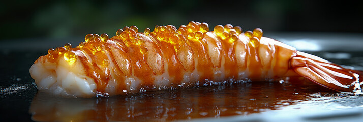 Close-up of perfectly peeled, succulent gourmet shrimp topped with glistening vibrant orange salmon roe, presented as opulent appetizer on dark, reflective platter.