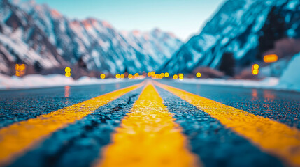 Captivating low-angle view of dark, wet mountain road with vibrant yellow lines leading into majestic, blurred snow-capped range under serene twilight sky, accented by sparkling golden bokeh lights in