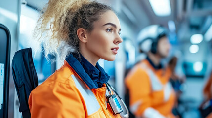 Portrait of serious and dedicated young female emergency responder (EMT or Paramedic) in bright orange uniform riding inside ambulance or medical transport vehicle on critical mission.