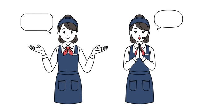 Illustration set of a female cafe clerk in uniform gesturing to explain something and then apologizing with a speech bubble.