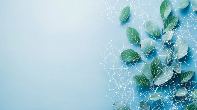 Digital nature background with green leaves overlaid by futuristic neural network mesh on soft blue texture, representing bio-tech connectivity and environmental data