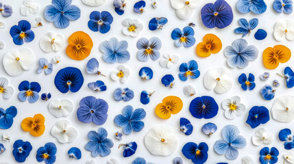 Delicate Blue, White, and Golden Pansy Flowers and Petals Gracefully Scattered Across Pristine White Background, Forming Serene and Vibrant Floral Arrangement, Perfect for Spring Themes