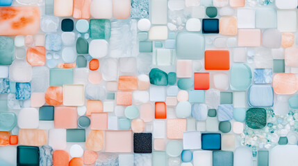 Seamless abstract pattern of irregularly shaped translucent and opaque geometric blocks in soft pastel tones of coral, mint, and sky blue, creating vibrant background texture.