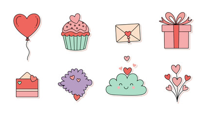 Valentine's Day Icon Set: An assortment of charming icons, each depicting a symbol of love, from balloons and cupcakes to gift boxes and envelopes.