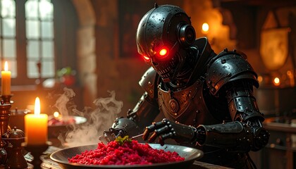 Fototapeta premium Cybernetic Knights Feast - A Medieval Robots Culinary Moment.