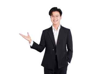 Confident Presentation: A smartly dressed individual, radiating confidence and approachability, gestures with an open hand, inviting attention and engagement.