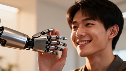 Young man interacting with robotic hand