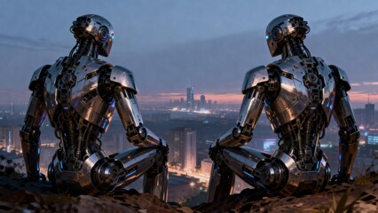 Fototapeta premium Two robots sitting on a rock overlooking a city