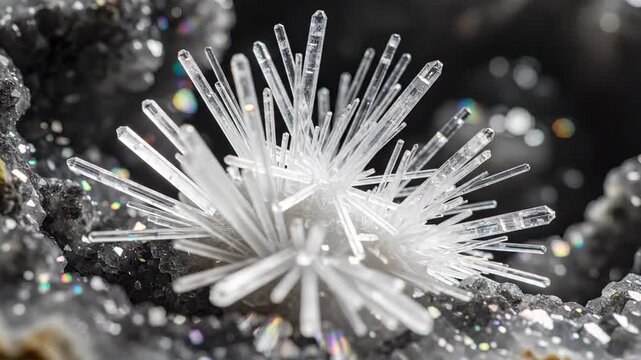 Delicate aragonite needles forming starburst patterns within a geode cavity, showcasing intricate natural mineral growth