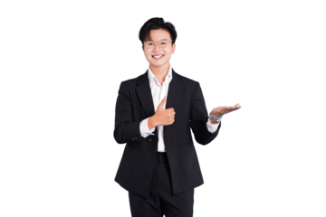 Confident Presentation: A smartly dressed individual, radiating professionalism and positivity, gestures with one hand while giving a thumbs-up with the other.