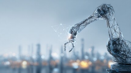 Abstract wireframe robotic arm industrial automation concept in city background