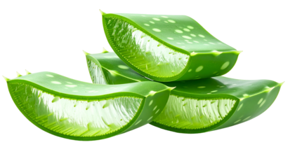 Sliced aloe vera plant pieces, showing clear gel, arranged in a stack, with a black background