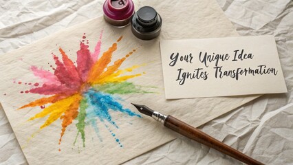 Colorful Watercolor Splash with Ink and Calligraphy Pen