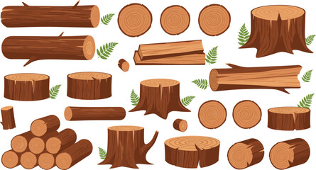 Large collection of wooden logs tree stumps and timber planks with forest fern leaves for woodworking and nature designs. © Sumon Creative