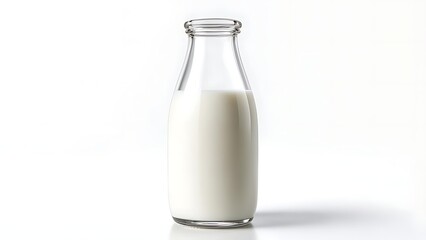 A classic, clear glass bottle, filled with white liquid, stands against a stark white backdrop. The bottle is empty at top