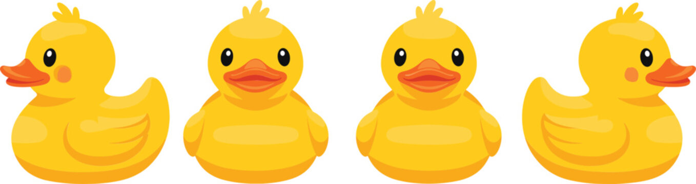 Set of classic yellow rubber duck toys in front and side views for bathroom decor and baby shower designs.