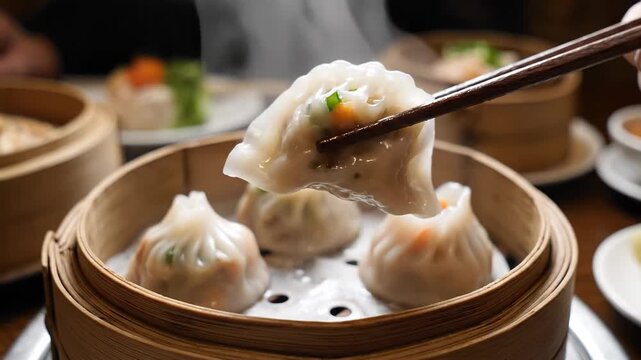 Delicate steamed dumpling being lifted from a bamboo steamer with chopsticks, appetizing dim sum presentation