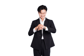 Elegant Time: A sophisticated gentleman, dressed in a sharp black suit, checks his watch with a focused, yet amiable expression, highlighting the value of time.