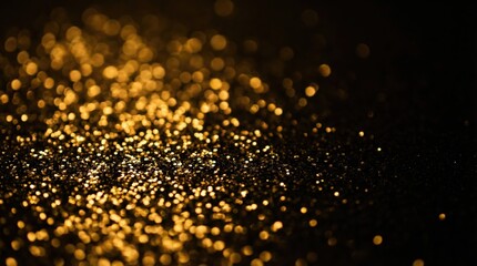 Close-up view of golden glitter particles sparkling against a dark background
