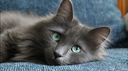 Gray cat rests on blue sofa with green eyes looking at camera during afternoon light in cozy living room