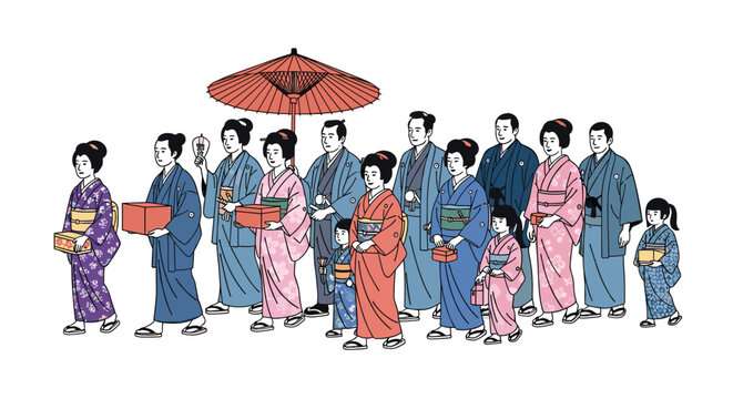 A group of people in traditional japanese kimonos from the edo period walking in a procession ukiyo-e style illustration.