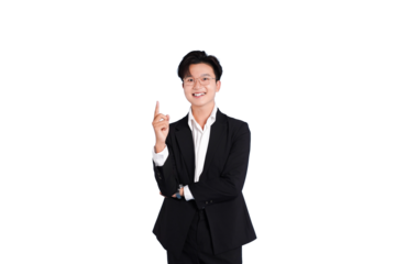 Confident Businessman: A poised and confident businessman in a tailored suit strikes a pose, index finger pointing upward as if to convey a brilliant idea or concept.
