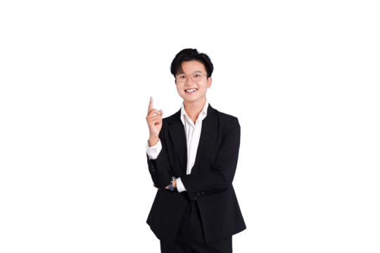 Confident Businessman: A poised and confident businessman in a tailored suit strikes a pose, index finger pointing upward as if to convey a brilliant idea or concept. - Powered by Adobe