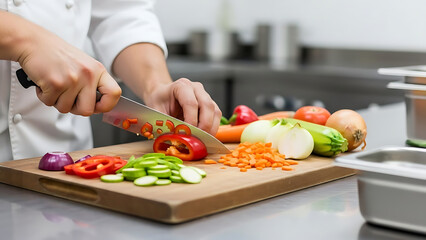 A chef's hands expertly chopping fresh colorful vegetables on a wooden cutting board in a professional kitchen setting.
