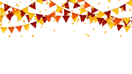 Colorful pennant banner with confetti on transparent background for party decoration