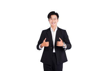 Professional Confidence: An Asian Business Man Exudes Professionalism and Enthusiasm with a Double Thumbs Up.