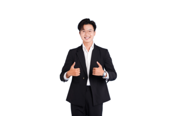 Professional Confidence: An Asian Business Man Exudes Professionalism and Enthusiasm with a Double Thumbs Up.