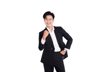 Confidence and Success: A poised individual, dressed in a sharp black suit, emanates confidence as they celebrate success, symbolizing drive and ambition. 