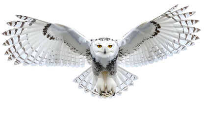 A majestic white owl in mid-flight, wings fully extended, staring directly at the viewer
