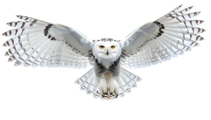A majestic white owl in mid-flight, wings fully extended, staring directly at the viewer