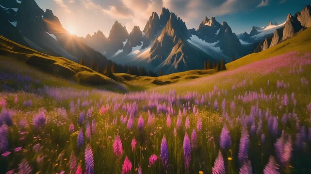 Scenic summer landscape of the alpine mountains featuring a green meadow with flowers and a snowy peak under a glowing sunset sky