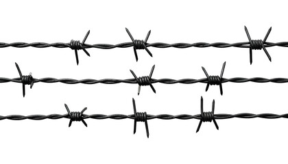 Close-up of black barbed wire strands against a black backdrop, detail shows sharp barbs