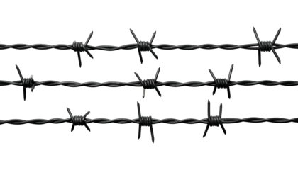 Close-up of black barbed wire strands against a black backdrop, detail shows sharp barbs