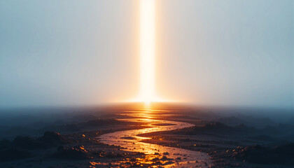 Bright beam of light shining down on a calm ocean at sunset