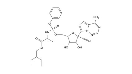 Fototapeta premium remdesivir molecule, structural chemical formula, ball-and-stick model, isolated image antiviral drug