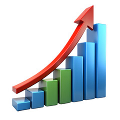 A 3d bar chart with a rising red arrow