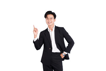 Visionary in a Suit: A confident business professional, exuding a blend of ambition and charm, gestures upwards with a pointed finger, conveying a message of ideas and innovation.
