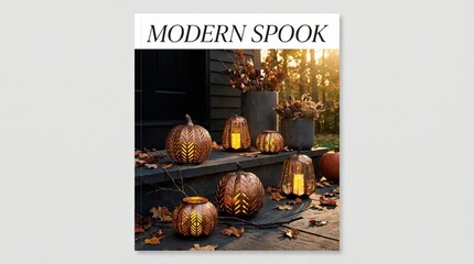 Modern Halloween decoration with carved pumpkins and lanterns on a rustic porch during autumn sunset