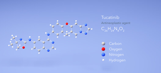 tucatinib molecule, molecular structure, antineoplastic agent 3d model, Structural Chemical Formula and Atoms with Color Coding