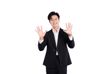 Optimistic Portrait: A confident individual, clad in a professional suit, beams a warm smile, raising both hands in a welcoming gesture, conveying positivity.