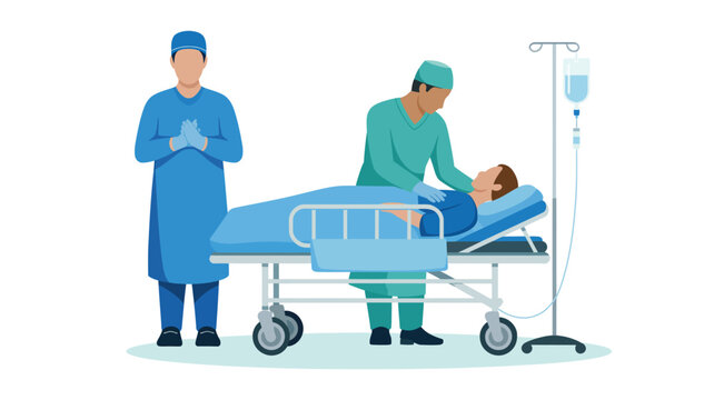Doctors performing surgery in hospital operating room with patient on bed, medical team illustration showing healthcare treatment and care
